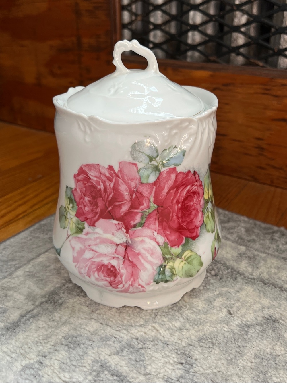 Porcelain Floral Covered Jar with Pink and Red Roses